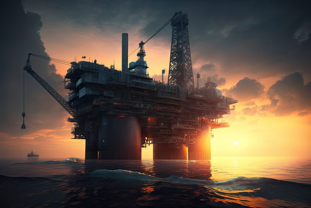 oil platform ocean with sun setting it